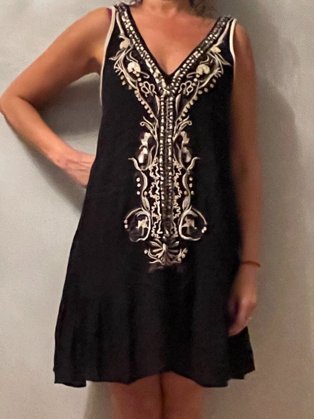 WOW Free People summer sleeveless black mini dress, lots of ivory beads, deep V
